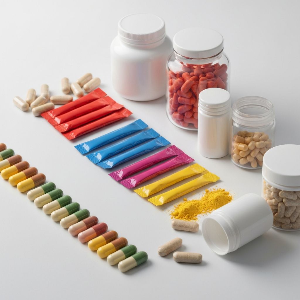 Different supplement formats including capsules, powders, and gummies